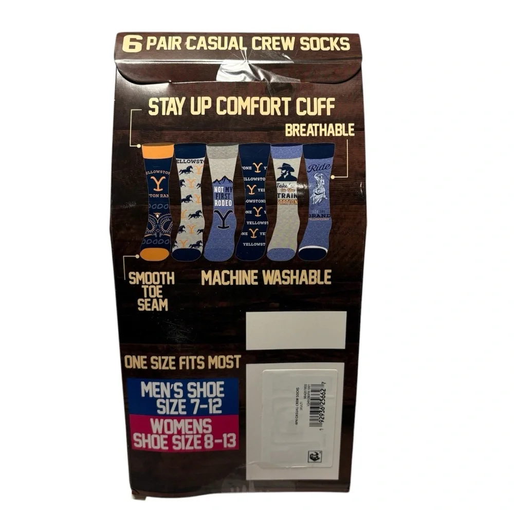 YELLOWSTONE Casual Crew Socks 6‎ Pair Unisex NIB Men 7-12 Women 8-13